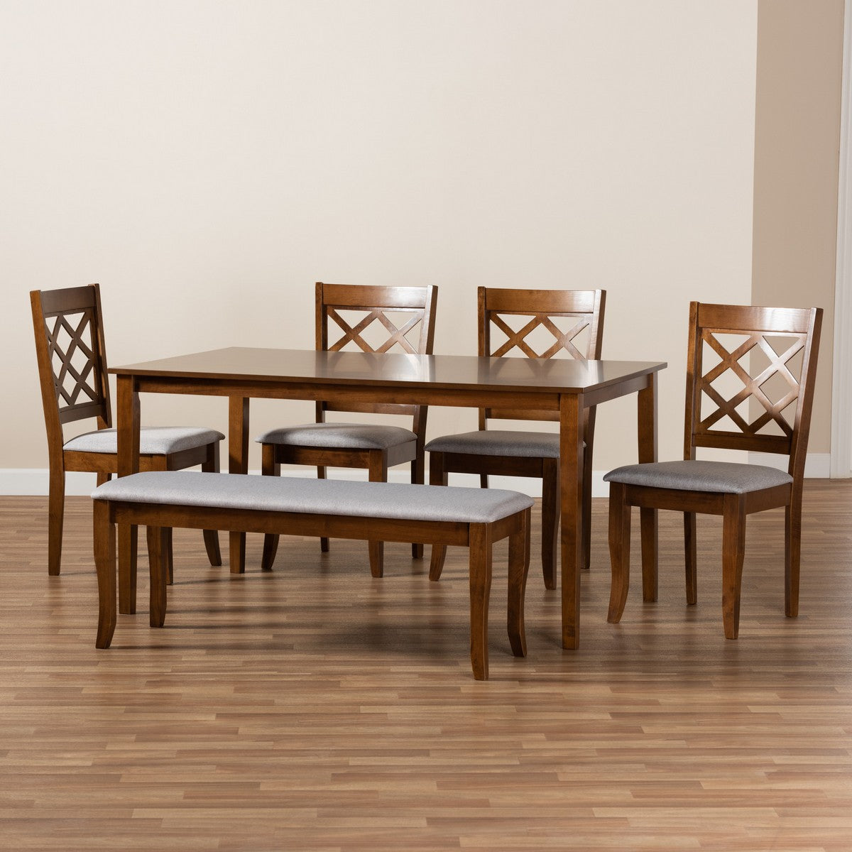 Baxton Studio Andor Modern and Contemporary Grey Fabric Upholstered and Walnut Brown Finished Wood 6-Piece Dining Set