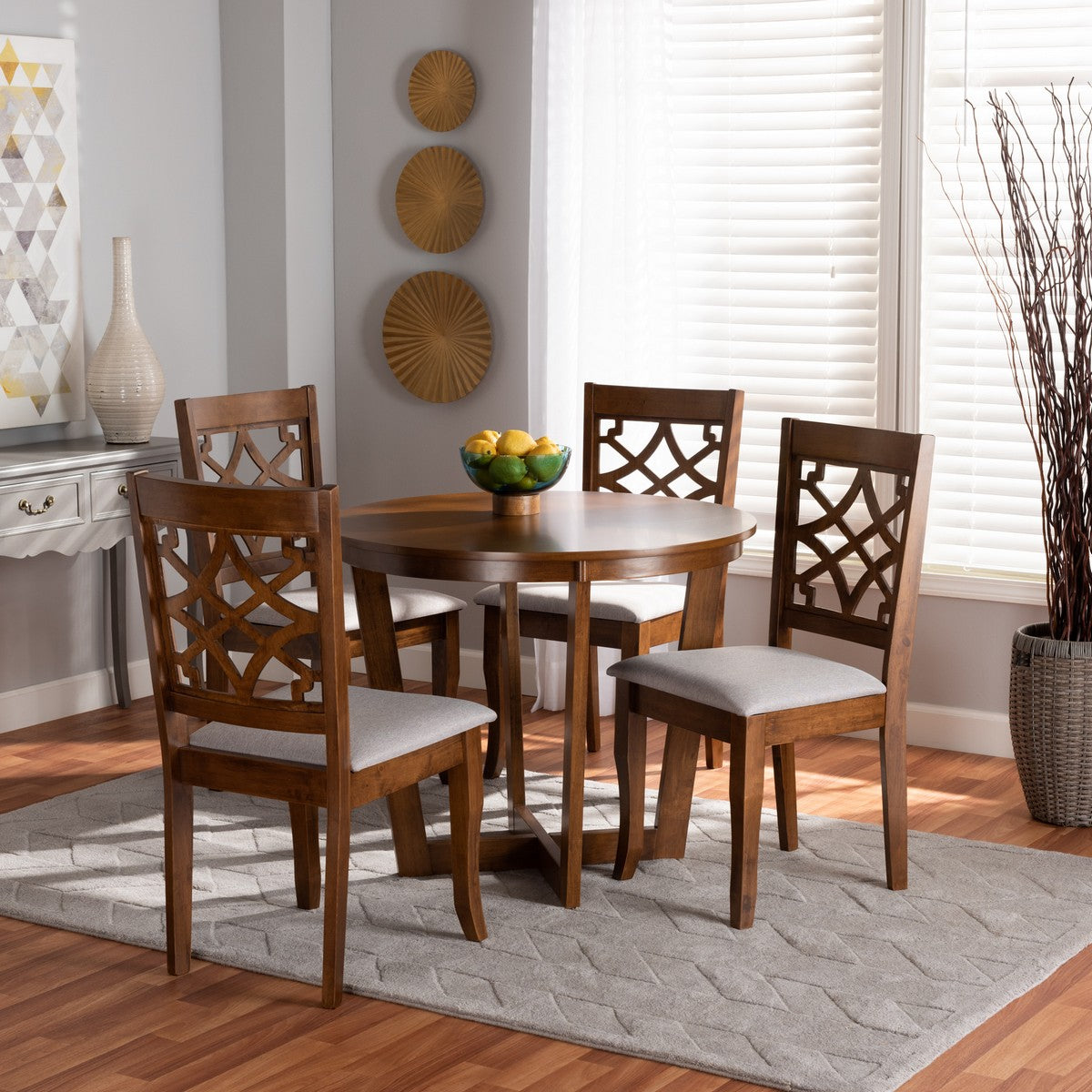 Baxton Studio Tricia Modern and Contemporary Grey Fabric Upholstered and Walnut Brown Finished Wood 5-Piece Dining Set