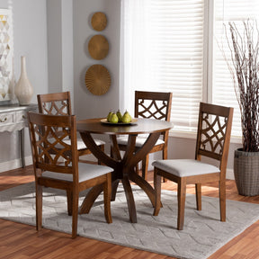 Baxton Studio Sandra Modern and Contemporary Grey Fabric Upholstered and Walnut Brown Finished Wood 5-Piece Dining Set