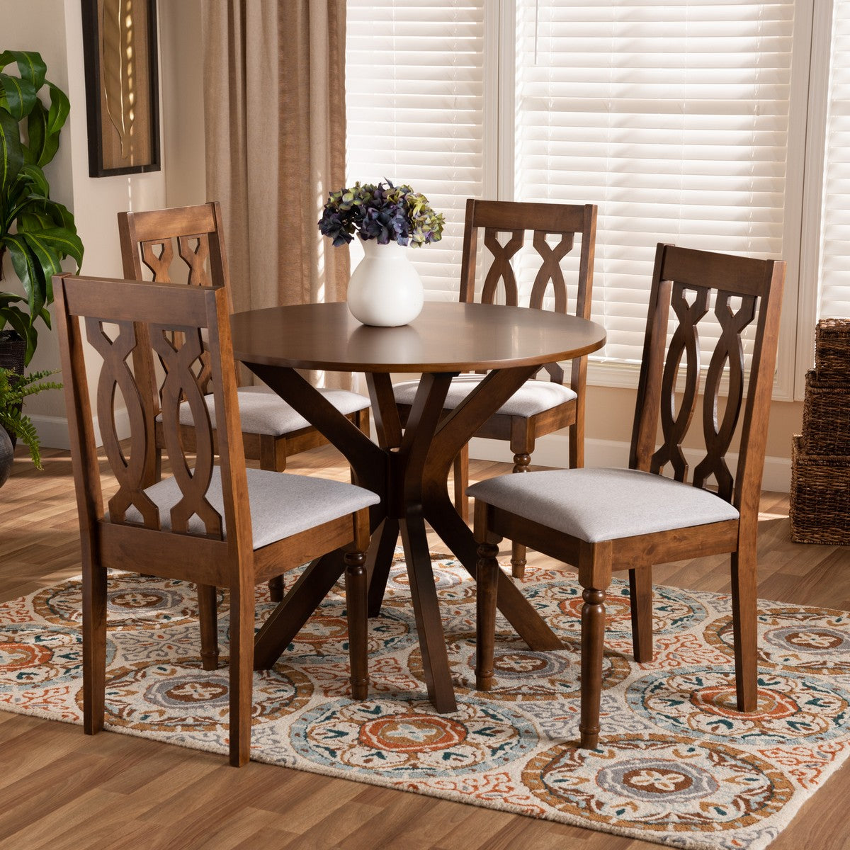 Baxton Studio Callie Modern and Contemporary Grey Fabric Upholstered and Walnut Brown Finished Wood 5-Piece Dining Set
