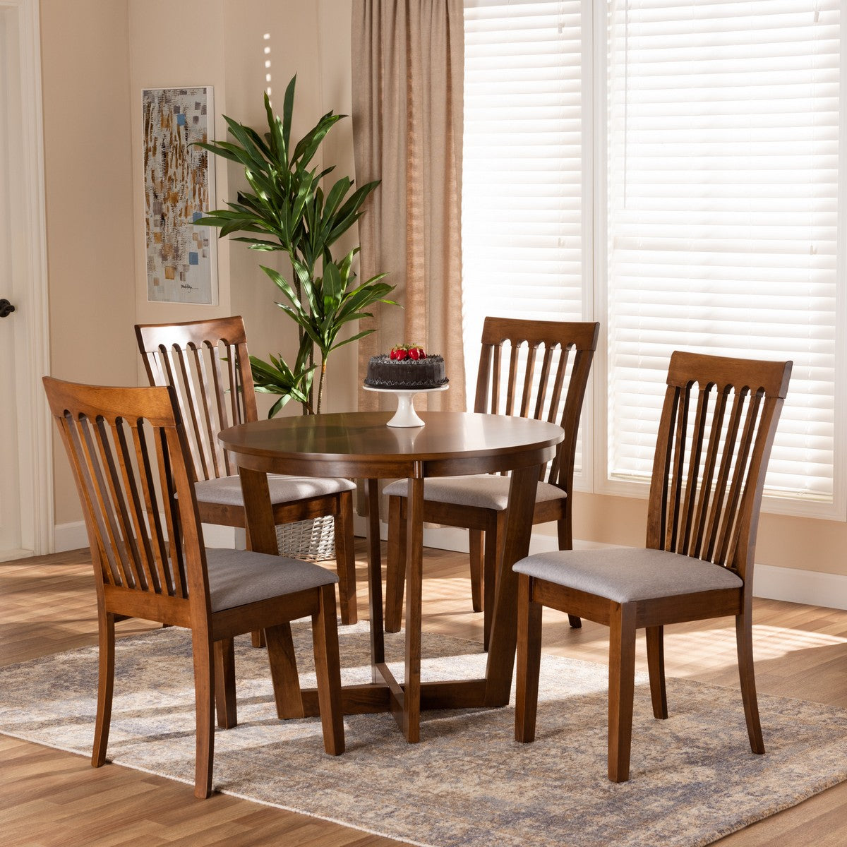 Baxton Studio Andi Modern and Contemporary Grey Fabric Upholstered and Walnut Brown Finished Wood 5-Piece Dining Set