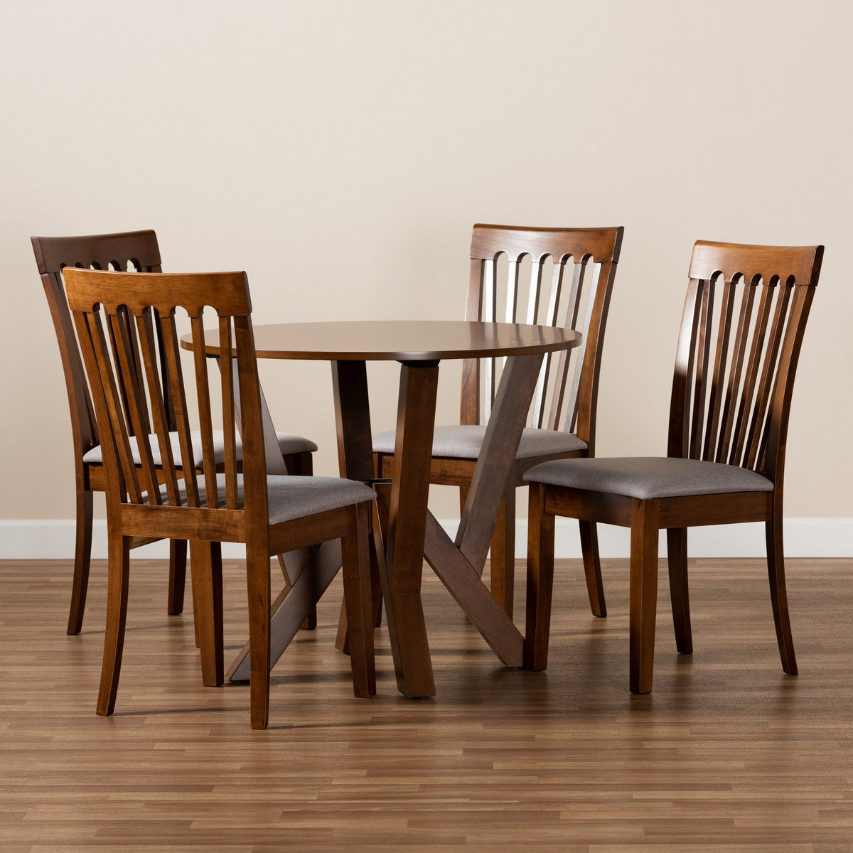 Baxton Studio Marian Modern and Contemporary Grey Fabric Upholstered and Walnut Brown Finished Wood 5-Piece Dining Set