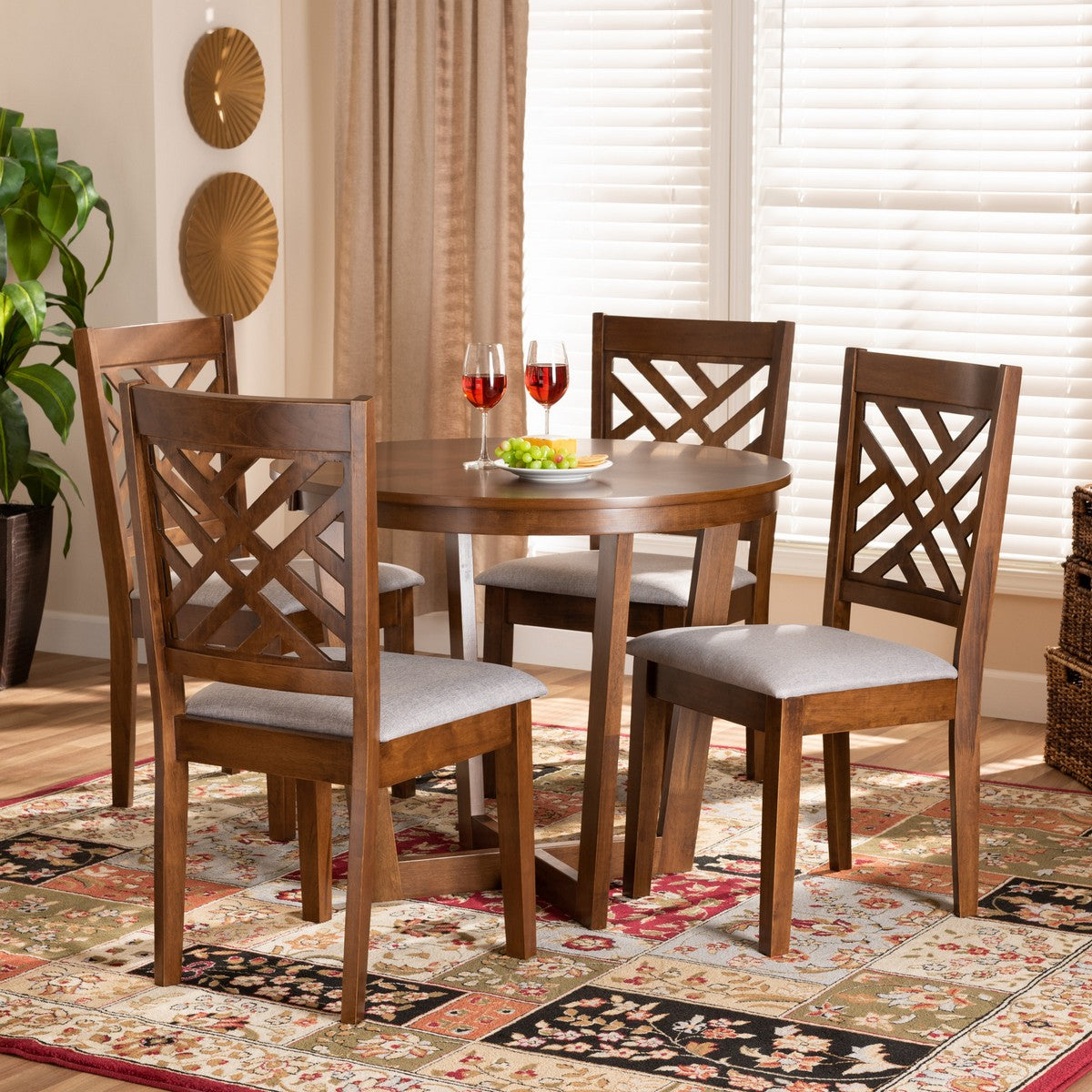 Baxton Studio Alena Modern and Contemporary Grey Fabric Upholstered and Walnut Brown Finished Wood 5-Piece Dining Set