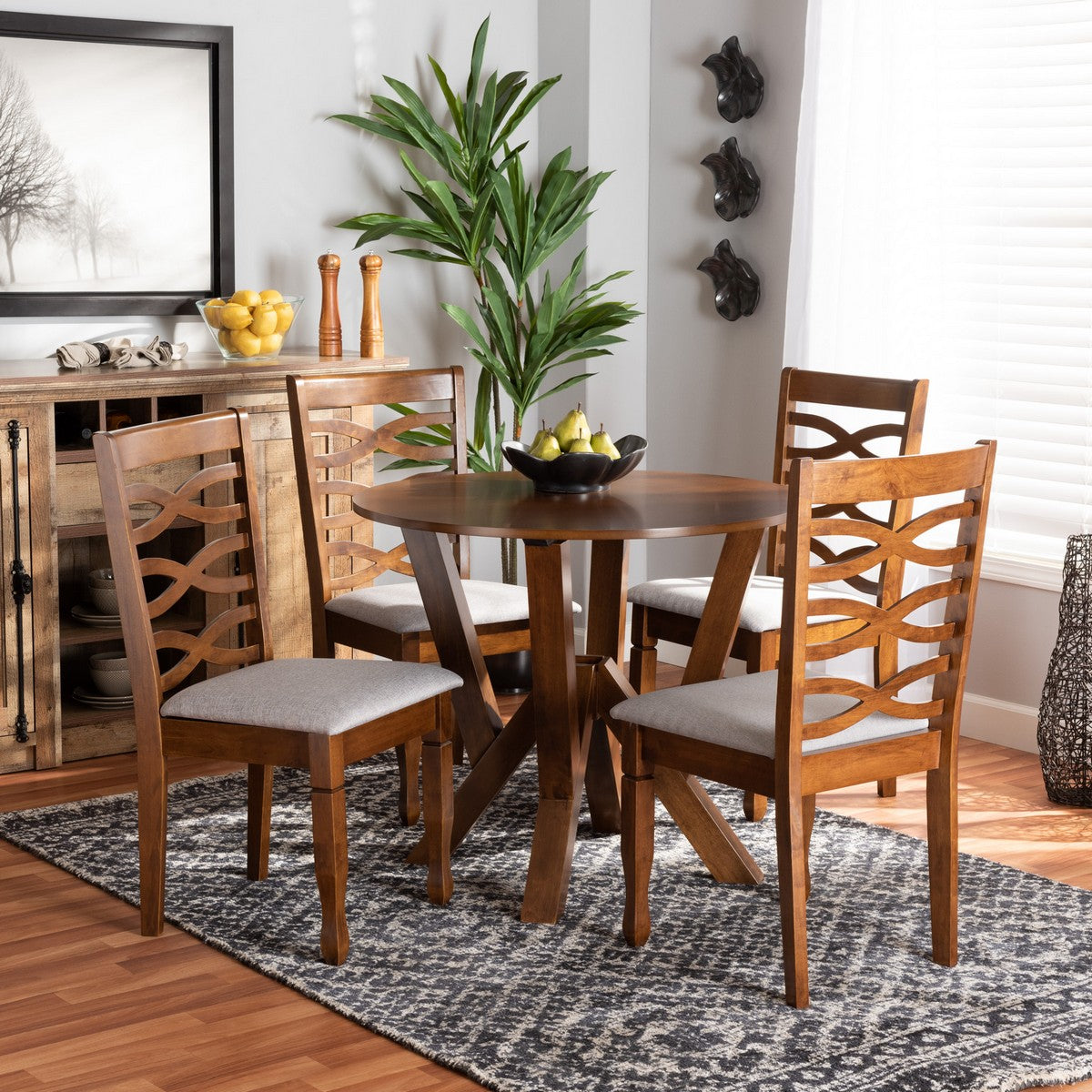 Baxton Studio Ariane Modern and Contemporary Grey Fabric Upholstered and Walnut Brown Finished Wood 5-Piece Dining Set
