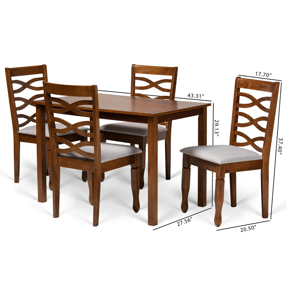 Baxton Studio Mirna Modern and Contemporary Grey Fabric Upholstered and Walnut Brown Finished Wood 5-Piece Dining Set