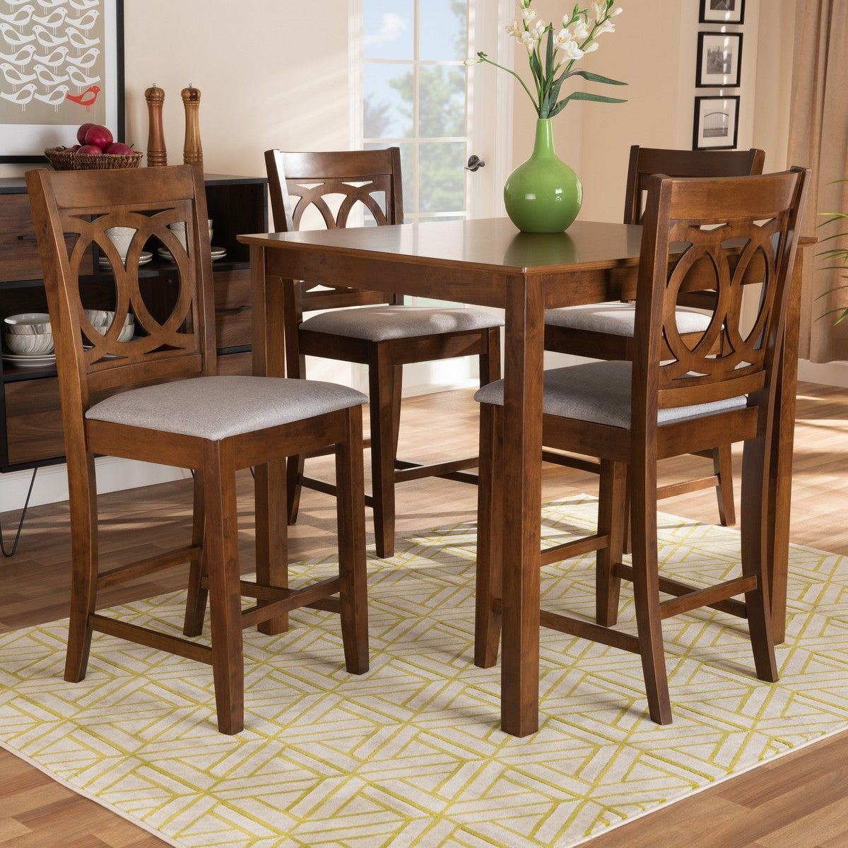 Baxton Studio Lenoir Modern and Contemporary Grey Fabric Upholstered Walnut Brown Finished 5-Piece Wood Pub Set