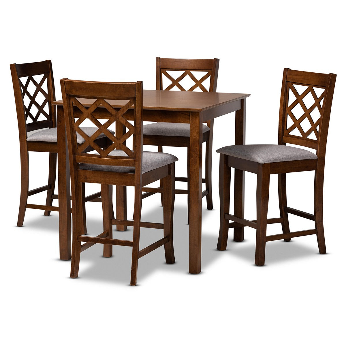 Baxton Studio Alora Modern and Contemporary Grey Fabric Upholstered Walnut Brown Finished 5-Piece Wood Pub Set Baxton Studio-Pub Sets-Minimal And Modern - 1