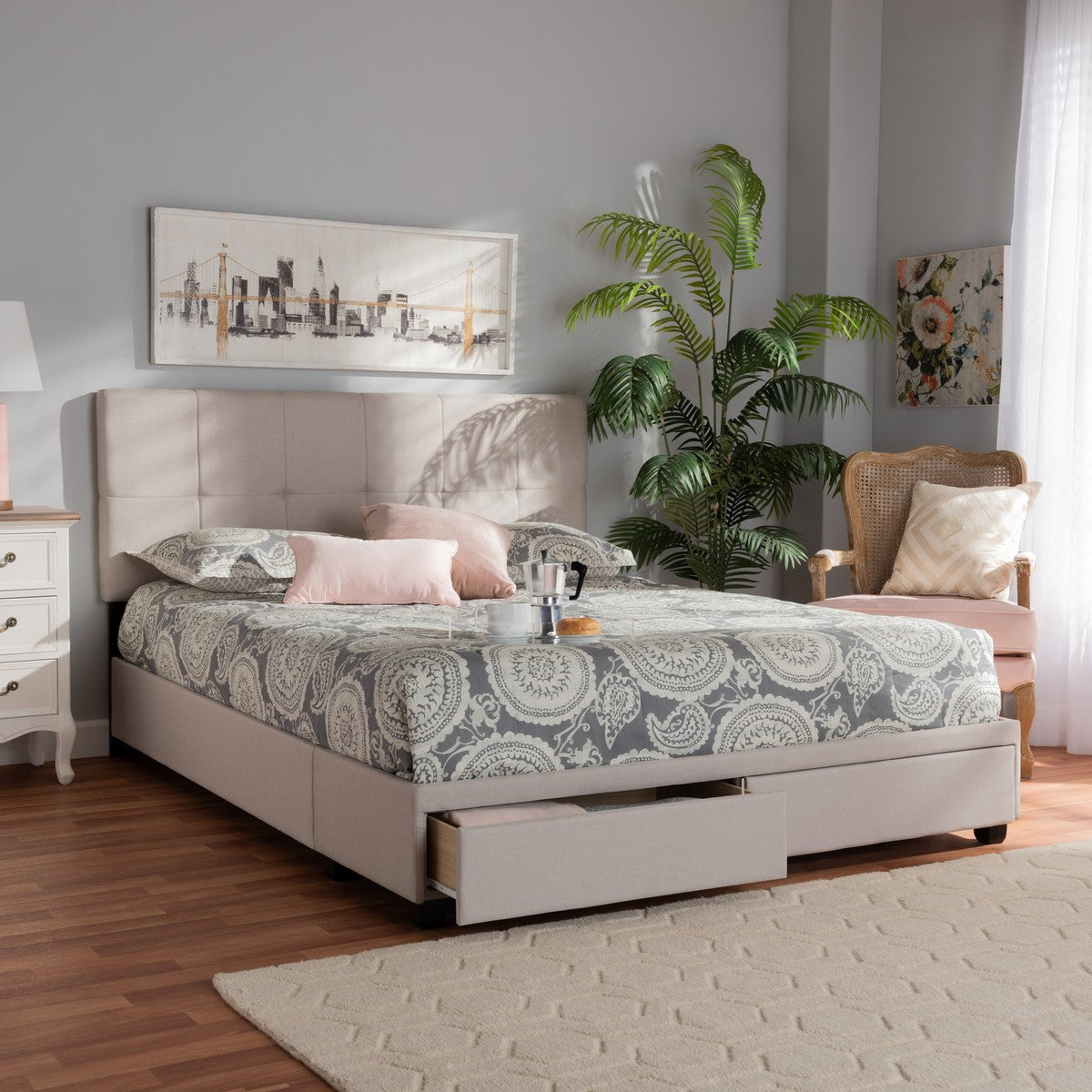 Baxton Studio Netti Beige Fabric Upholstered 2-Drawer King Size Platform Storage Bed