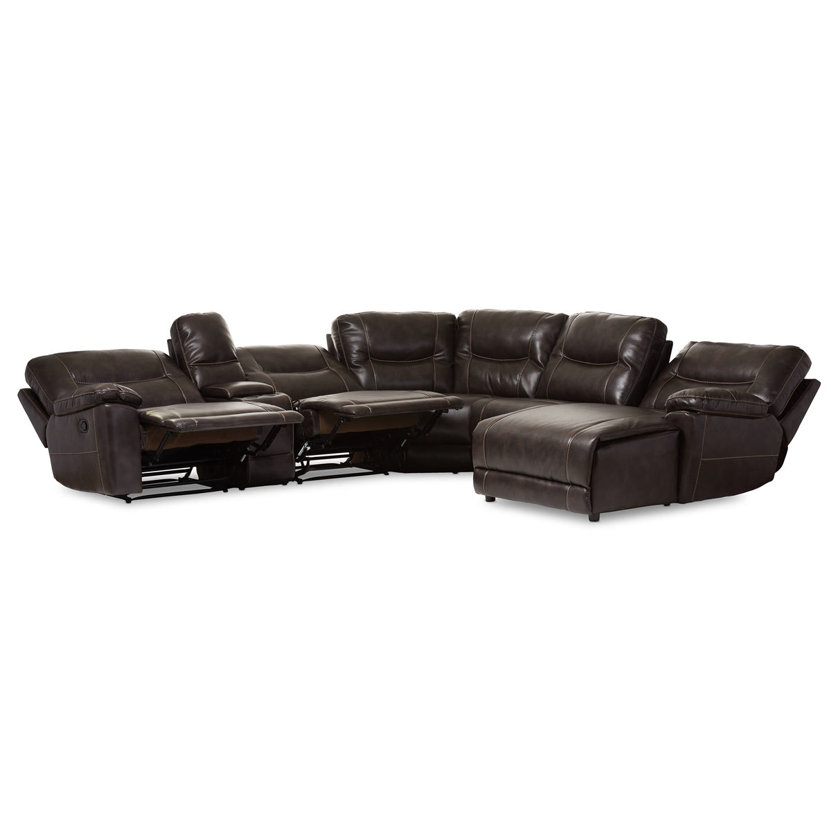 Baxton Studio Mistral Modern and Contemporary Dark Brown Bonded Leather 6-Piece Sectional with Recliners Corner Lounge Suite  Baxton Studio-sectionals-Minimal And Modern - 4