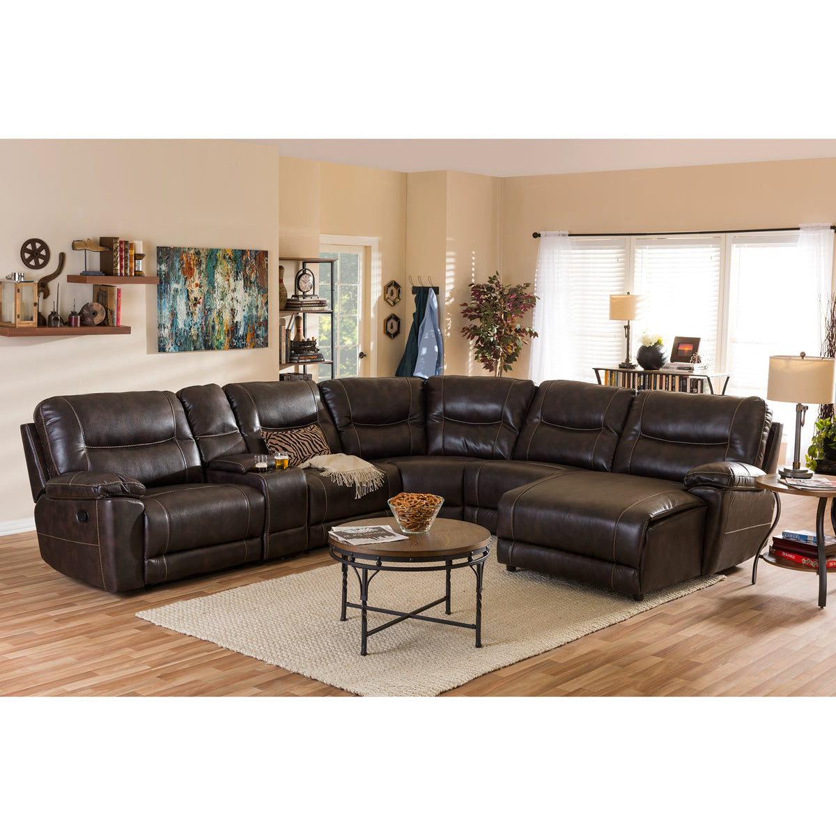 Baxton Studio Mistral Modern and Contemporary Dark Brown Bonded Leather 6-Piece Sectional with Recliners Corner Lounge Suite  Baxton Studio-sectionals-Minimal And Modern - 1