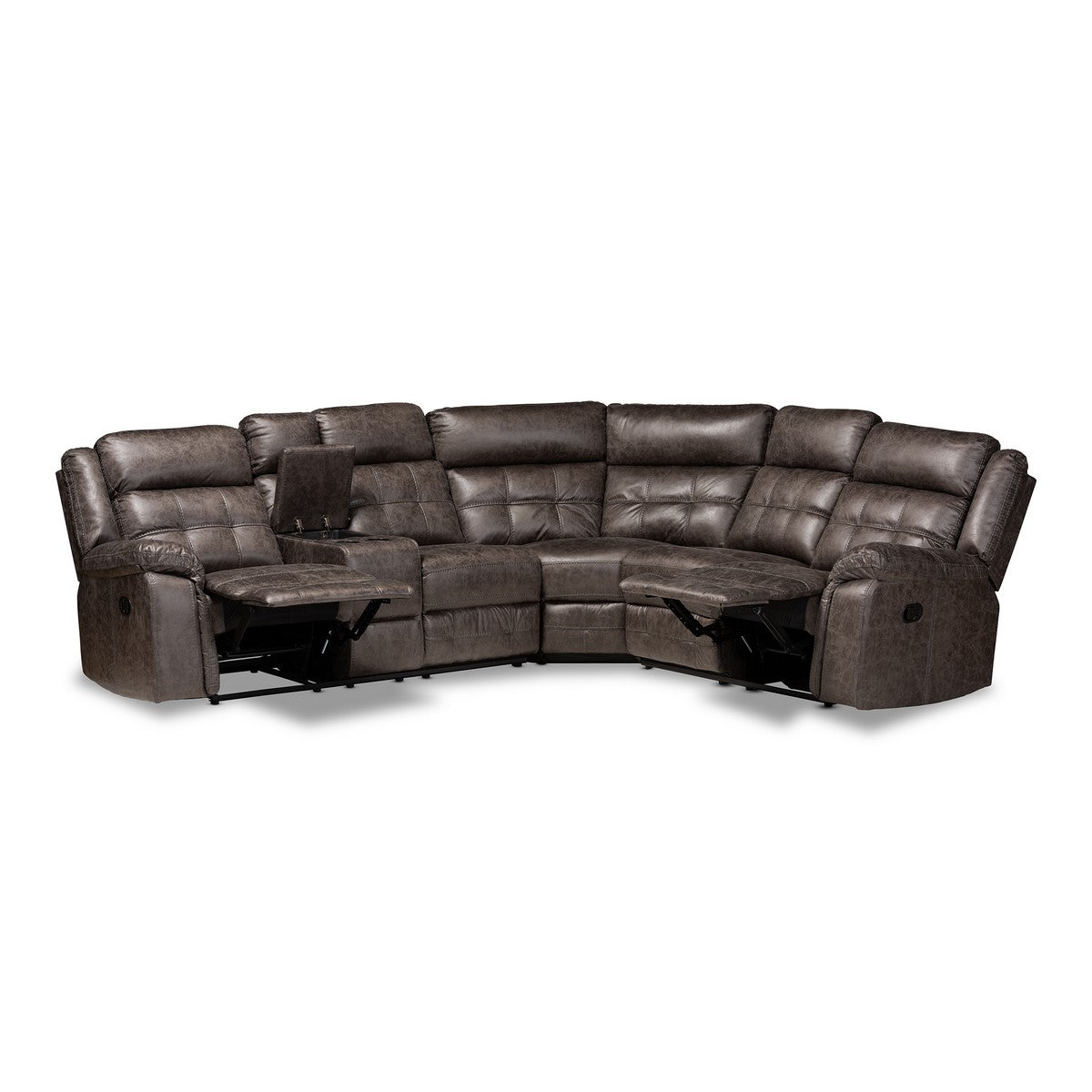 Baxton Studio Vesa Modern and Contemporary Grey Leather-Like Fabric Upholstered 6-Piece Sectional Recliner Sofa with 2 Reclining Seats