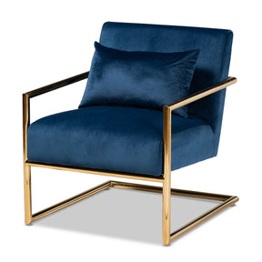 Baxton Studio Mira Glam and Luxe Navy Blue Velvet Fabric Upholstered Gold Finished Metal Lounge Chair Baxton Studio- Chairs-Minimal And Modern - 1