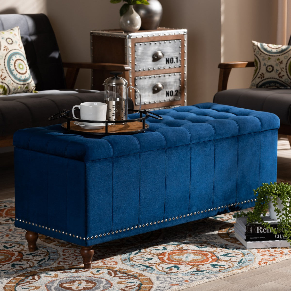 Baxton Studio Kaylee Modern and Contemporary Navy Blue Velvet Fabric Upholstered Button-Tufted Storage Ottoman Bench
