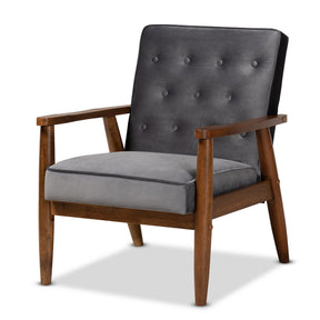 Baxton Studio Sorrento Mid-century Modern Grey Velvet Fabric Upholstered Walnut Finished Wooden Lounge Chair Baxton Studio- Chairs-Minimal And Modern - 1
