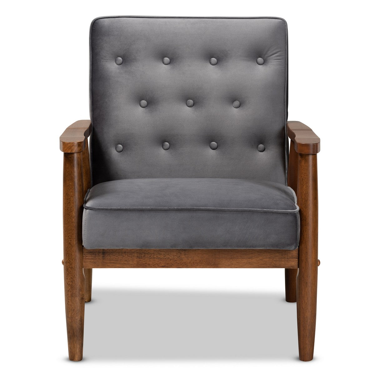 Baxton Studio Sorrento Mid-century Modern Grey Velvet Fabric Upholstered Walnut Finished Wooden Lounge Chair