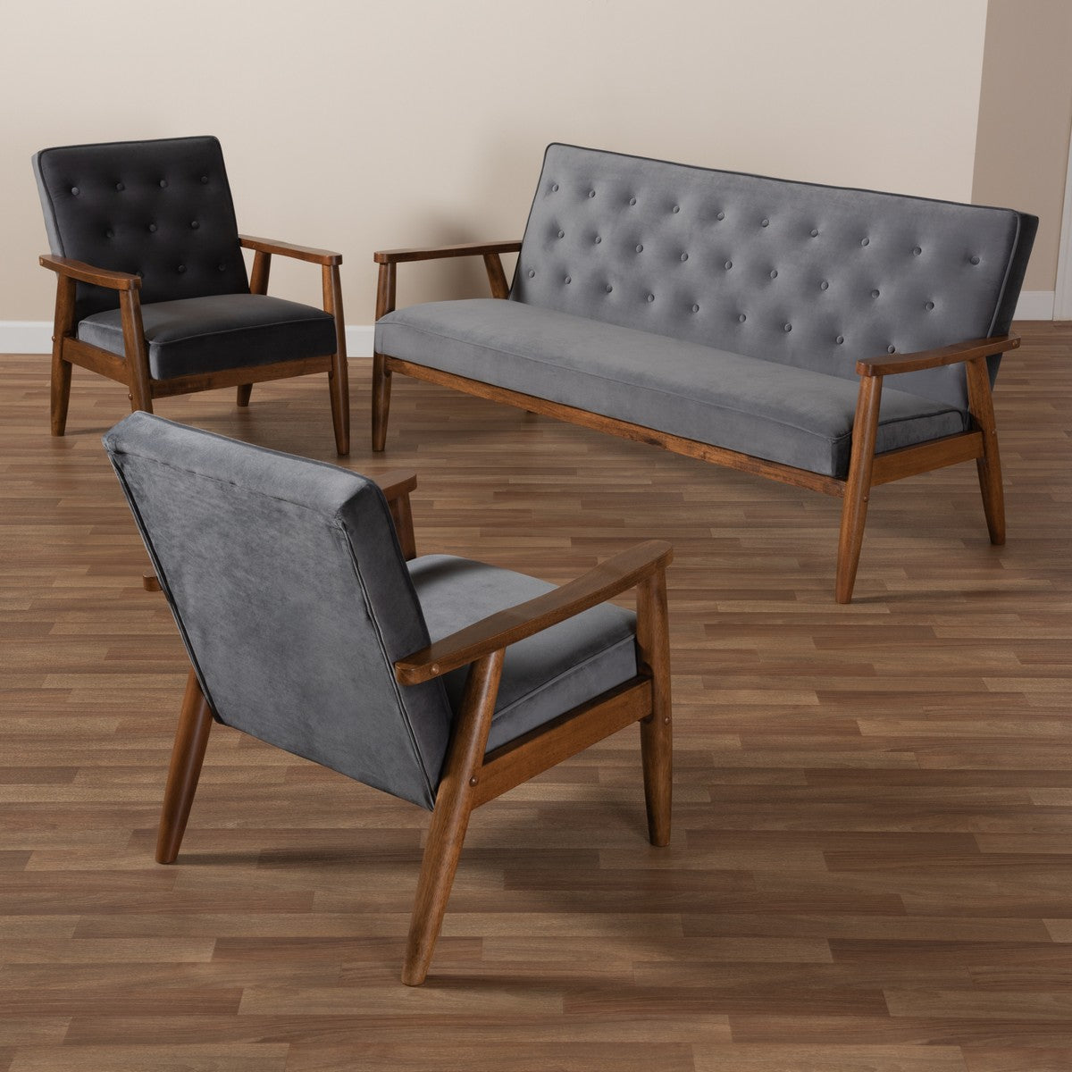 Baxton Studio Sorrento Mid-century Modern Grey Velvet Fabric Upholstered Walnut Finished 3-Piece Wooden Living Room Set
