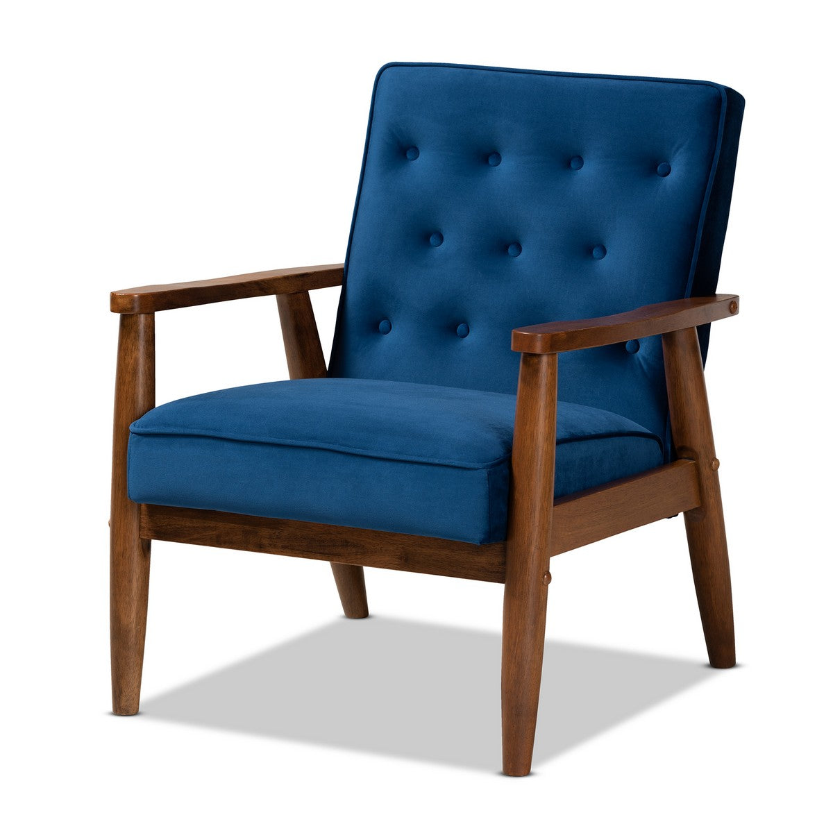 Baxton Studio Sorrento Mid-century Modern Navy Blue Velvet Fabric Upholstered Walnut Finished Wooden Lounge Chair Baxton Studio- Chairs-Minimal And Modern - 1