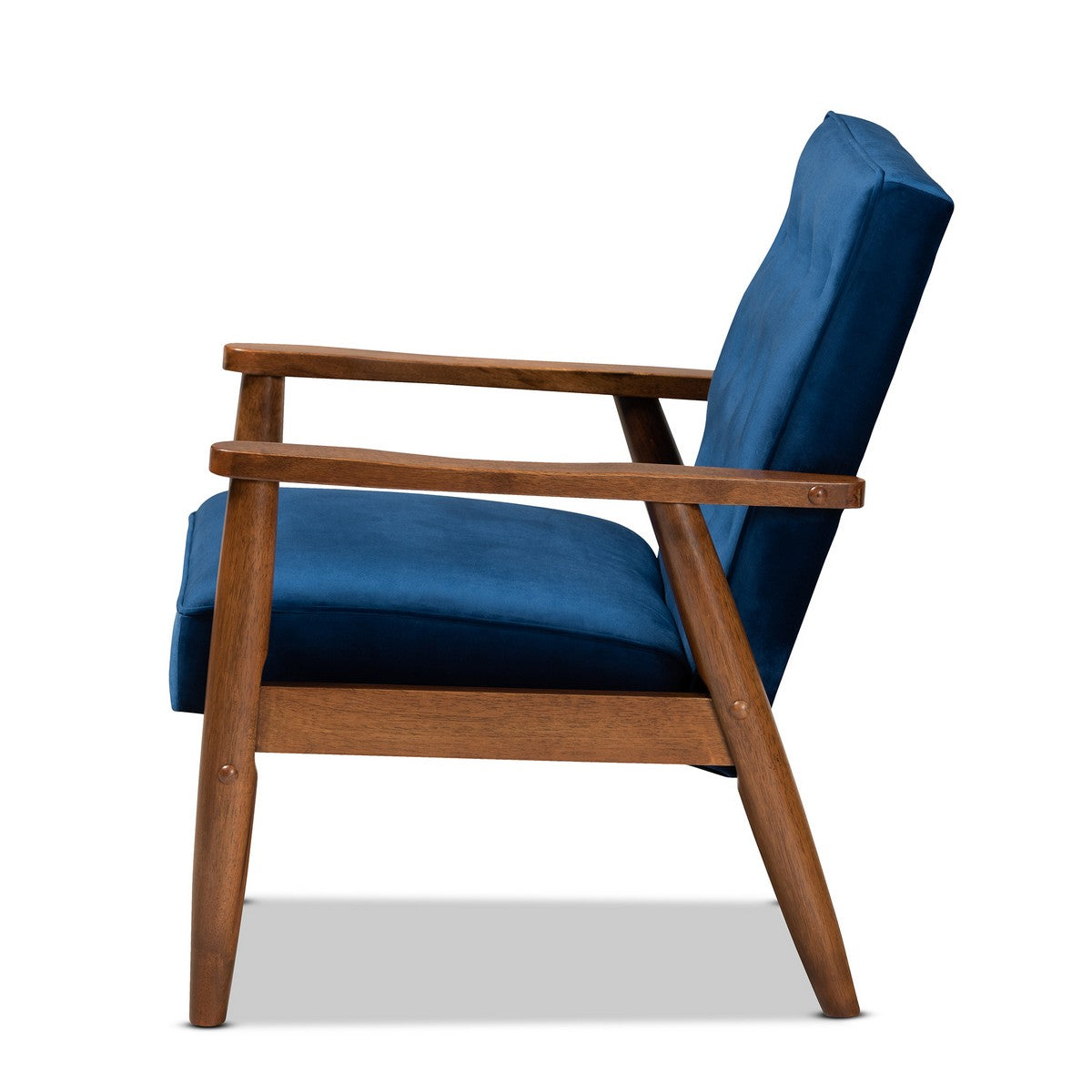 Baxton Studio Sorrento Mid-century Modern Navy Blue Velvet Fabric Upholstered Walnut Finished Wooden Lounge Chair
