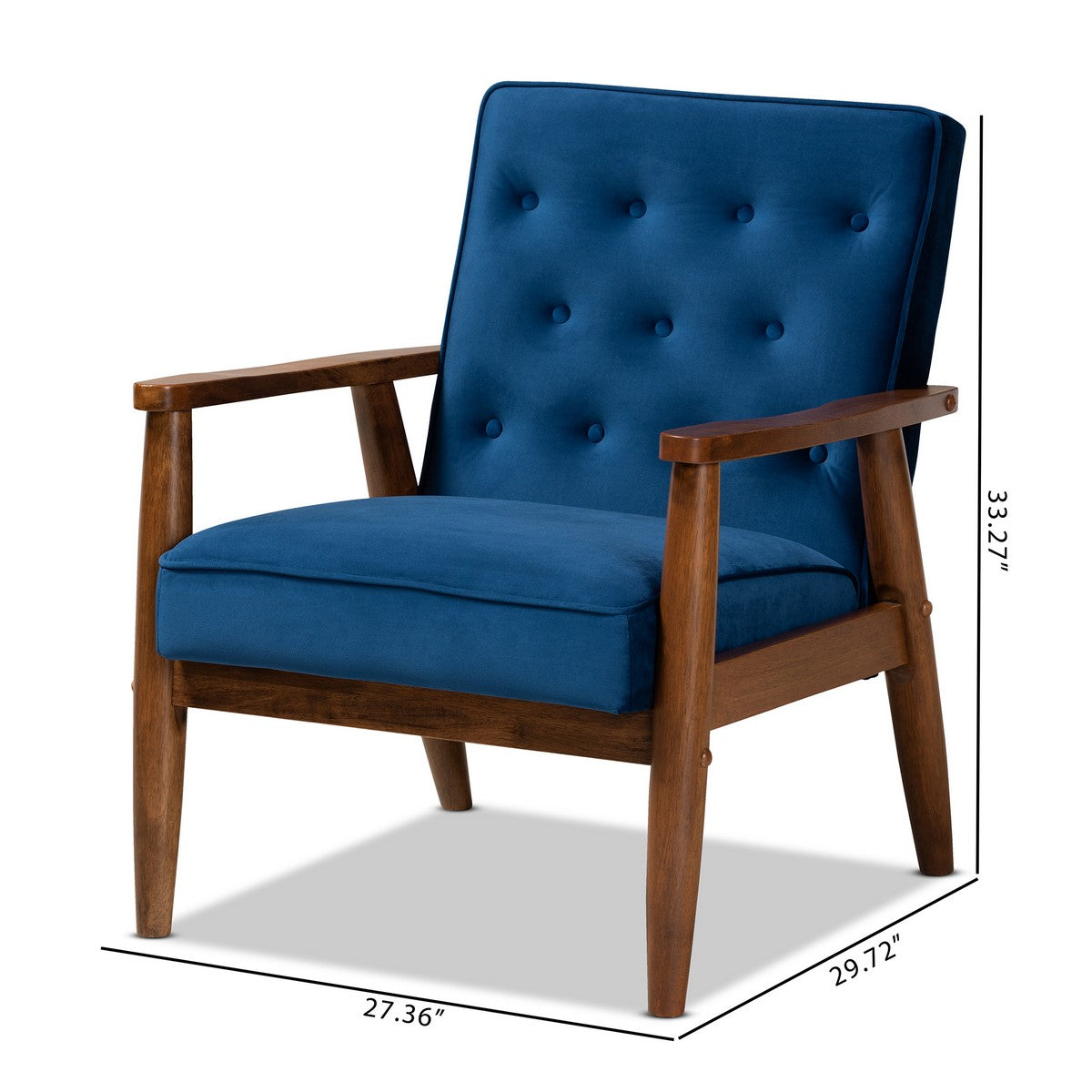 Baxton Studio Sorrento Mid-century Modern Navy Blue Velvet Fabric Upholstered Walnut Finished Wooden Lounge Chair