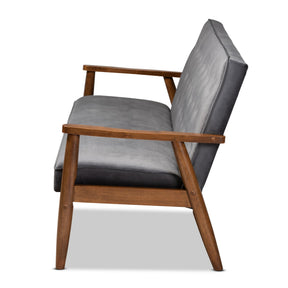 Baxton Studio Sorrento Mid-century Modern Grey Velvet Fabric Upholstered Walnut Finished Wooden 3-seater Sofa