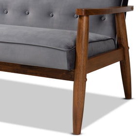 Baxton Studio Sorrento Mid-century Modern Grey Velvet Fabric Upholstered Walnut Finished Wooden 3-seater Sofa