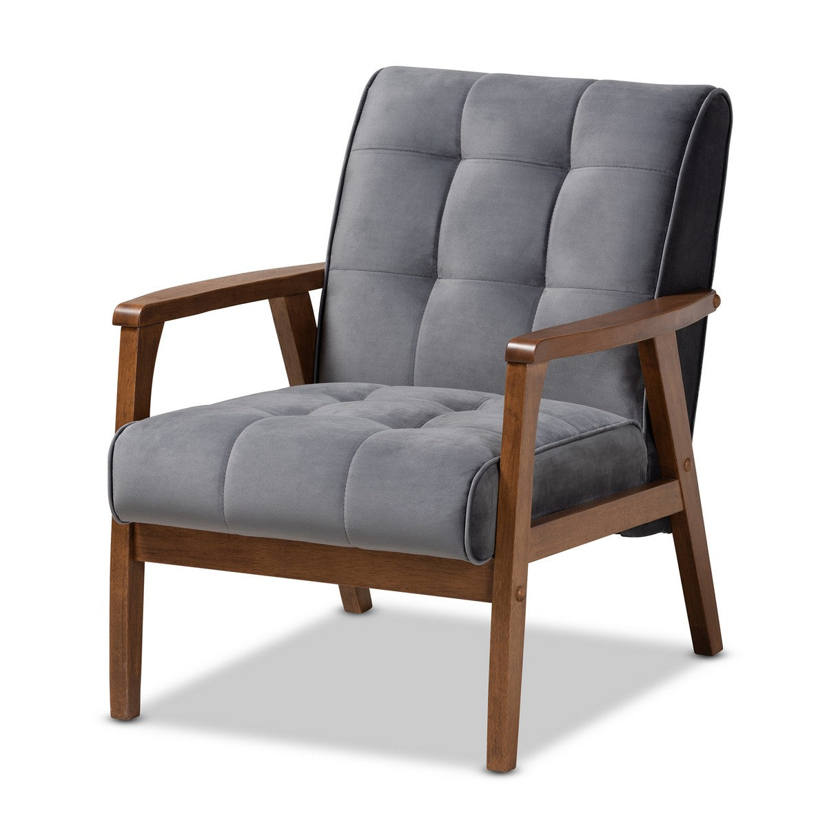 Baxton Studio Asta Mid-Century Modern Grey Velvet Fabric Upholstered Walnut Finished Wood Armchair Baxton Studio- Chairs-Minimal And Modern - 1