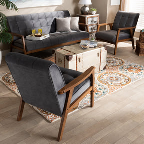 Baxton Studio Asta Mid-Century Modern Grey Velvet Fabric Upholstered Walnut Finished Wood 3-Piece Living Room Set