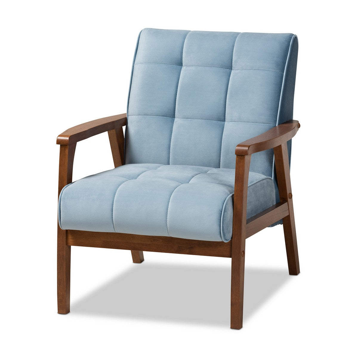 Baxton Studio Asta Mid-Century Modern Light Blue Velvet Fabric Upholstered Walnut Finished Wood Armchair Baxton Studio- Chairs-Minimal And Modern - 1