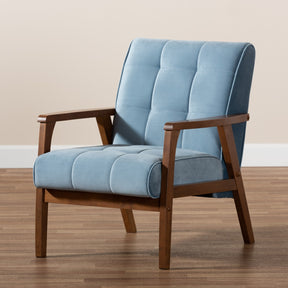 Baxton Studio Asta Mid-Century Modern Light Blue Velvet Fabric Upholstered Walnut Finished Wood Armchair