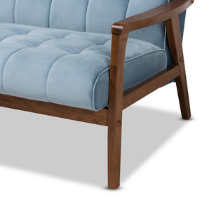 Baxton Studio Asta Mid-Century Modern Light Blue Velvet Fabric Upholstered Walnut Finished Wood 3-Piece Living Room Set