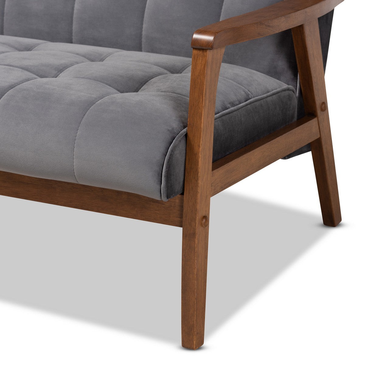 Baxton Studio Asta Mid-Century Modern Grey Velvet Fabric Upholstered Walnut Finished Wood Sofa