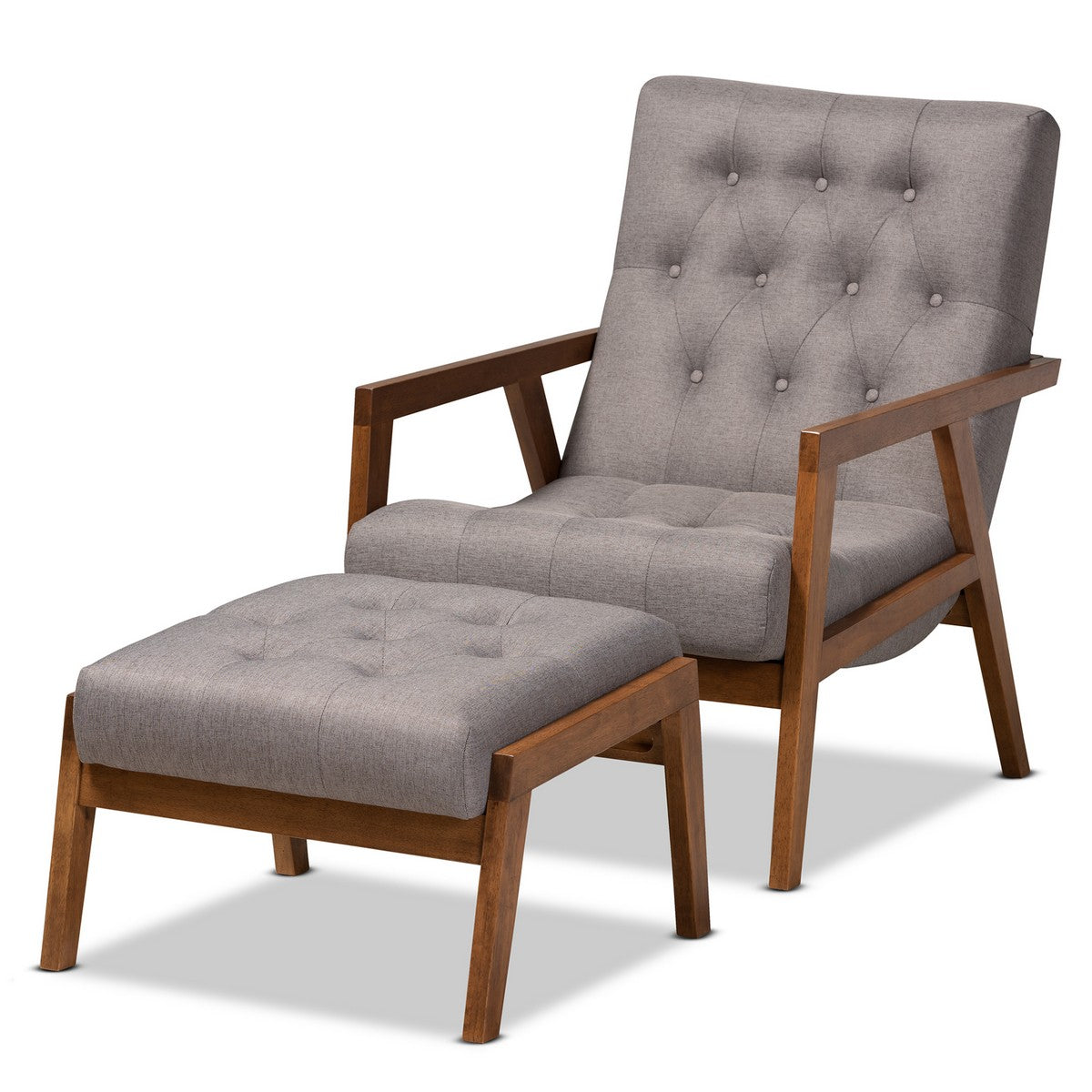 Baxton Studio Naeva Mid-Century Modern Grey Fabric Upholstered Walnut Finished Wood 2-Piece Armchair and Footstool Set Baxton Studio- Living Room Sets-Minimal And Modern - 1