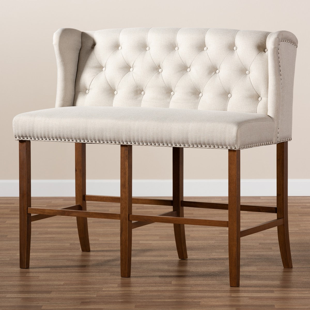 Baxton Studio Alira Modern and Contemporary Beige Fabric Upholstered Walnut Finished Wood Button Tufted Bar Stool Bench