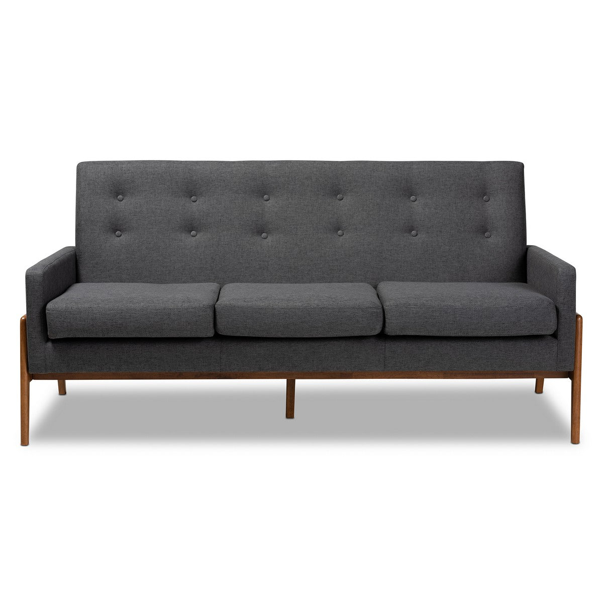 Baxton Studio Perris Mid-Century Modern Dark Grey Fabric Upholstered Walnut Finished Wood Sofa