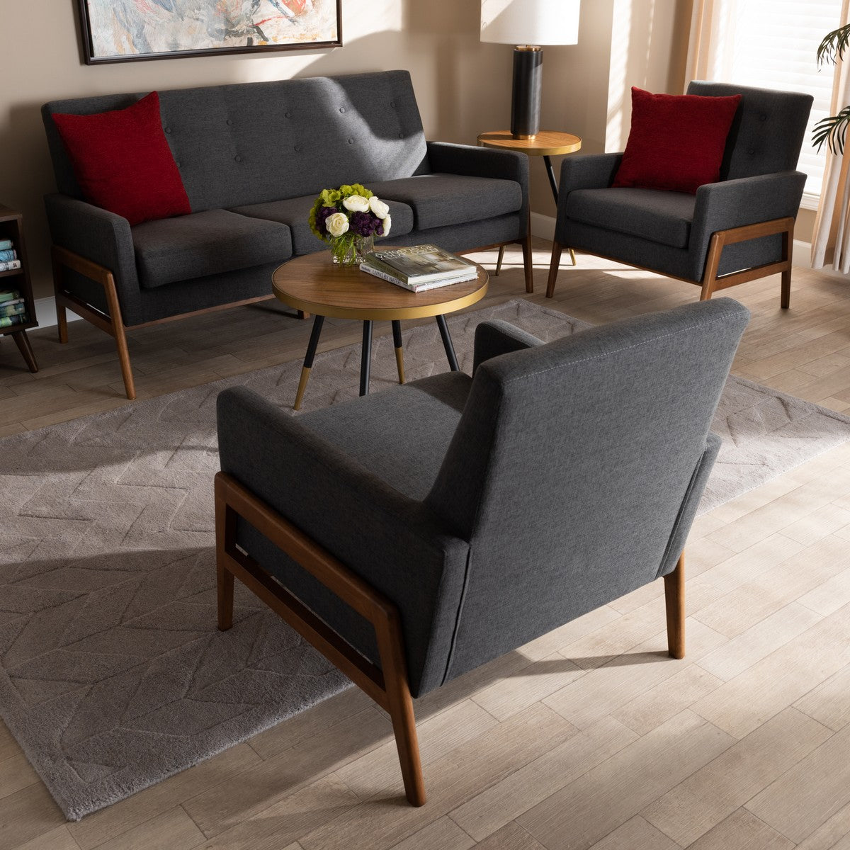 Baxton Studio Perris Mid-Century Modern Dark Grey Fabric Upholstered Walnut Finished Wood 3-Piece Living Room Set