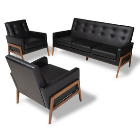 Baxton Studio Perris Mid-Century Modern Black Faux Leather Upholstered Walnut Finished Wood 3-Piece Living Room Set Baxton Studio- Living Room Sets-Minimal And Modern - 1