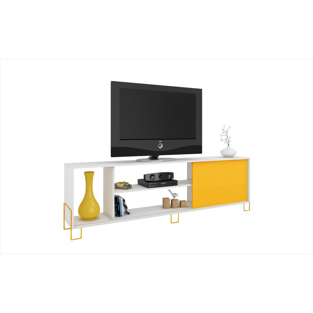 Accentuations by Manhattan Comfort Eye- catching Nacka TV Stand 1.0 with 4 Shelves and 1 Sliding Door in a White Frame and Yellow Door and Feet