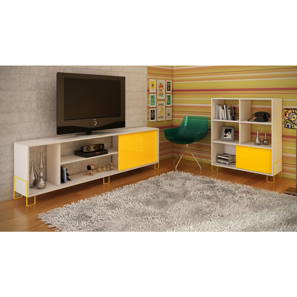 Accentuations by Manhattan Comfort Eye- catching Nacka TV Stand 1.0 with 4 Shelves and 1 Sliding Door in a White Frame and Yellow Door and Feet