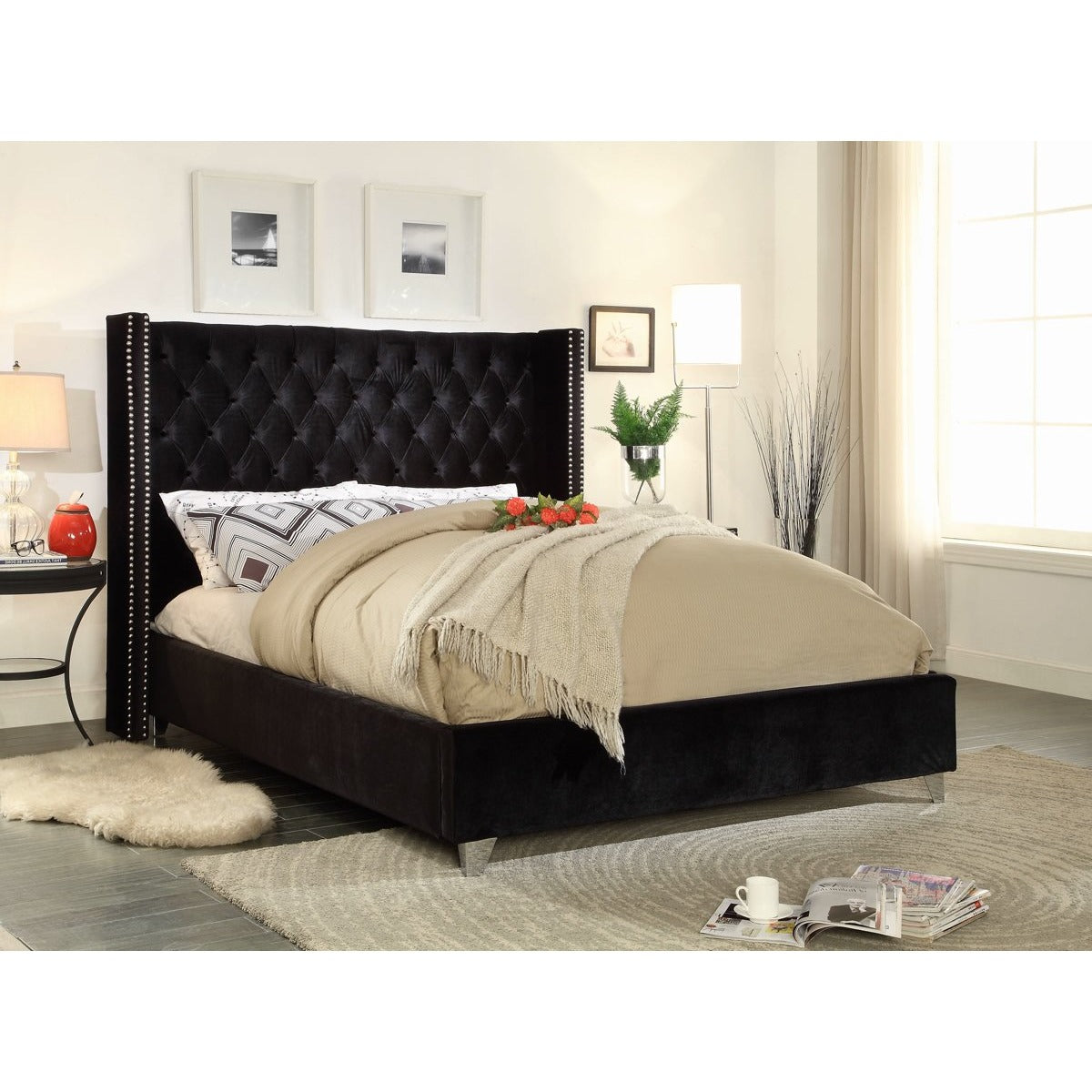 Meridian Furniture Aiden Black Velvet Queen Bed-Minimal & Modern