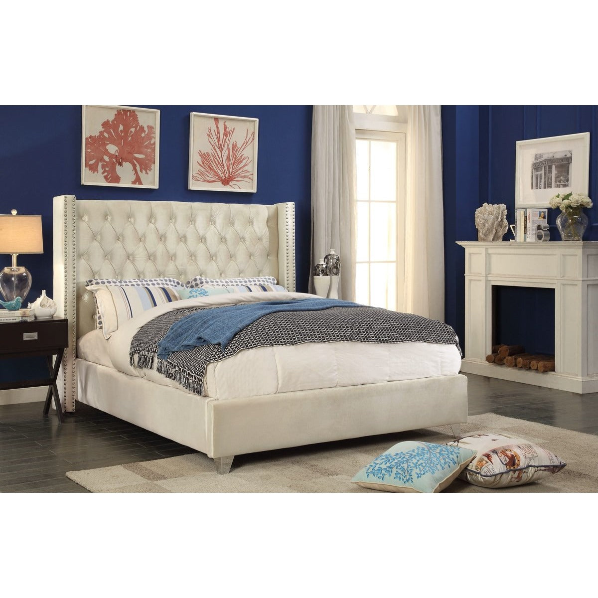 Meridian Furniture Aiden Cream Velvet Full Bed-Minimal & Modern