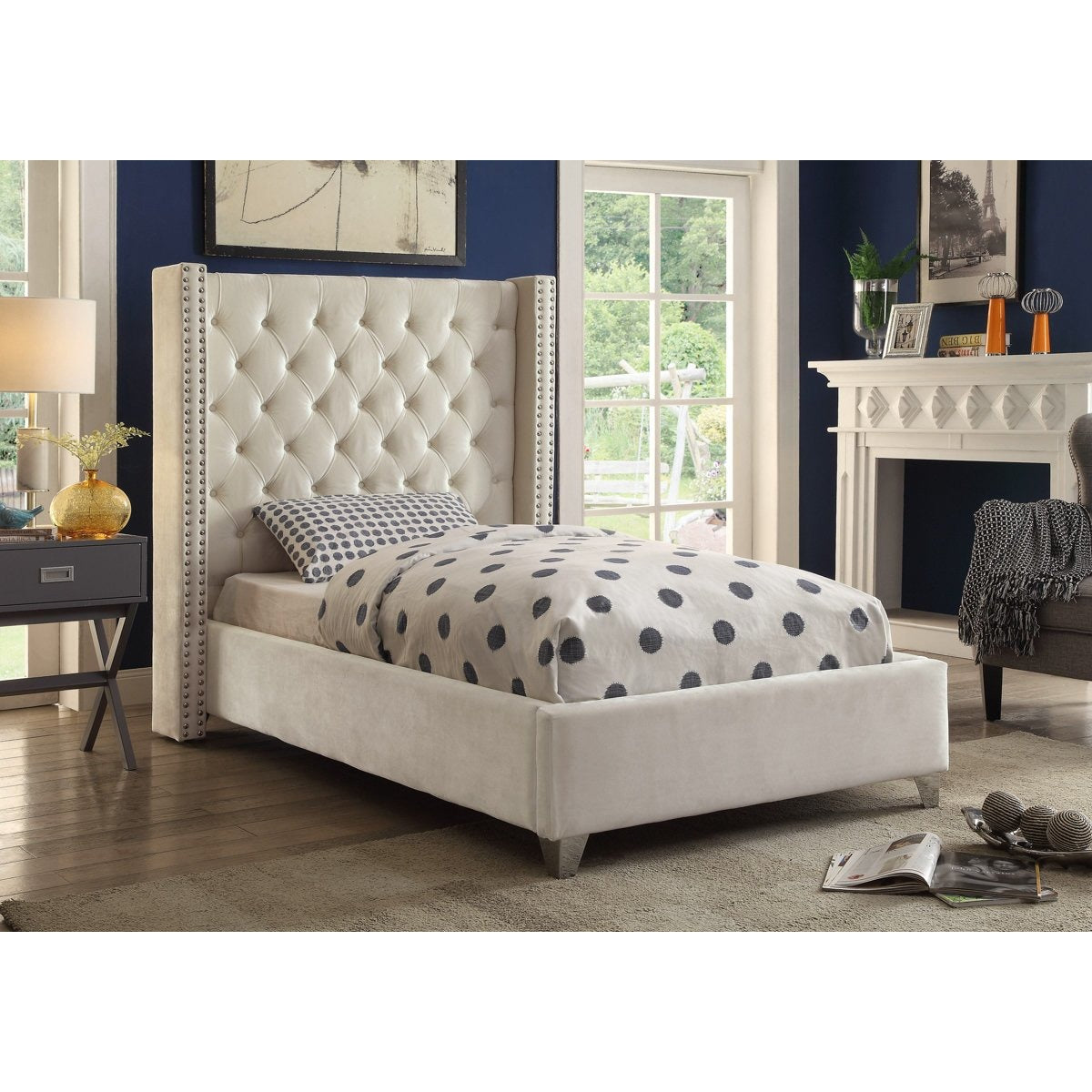 Meridian Furniture Aiden Cream Velvet Twin Bed-Minimal & Modern