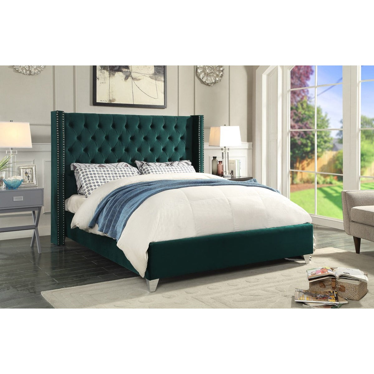 Meridian Furniture Aiden Green Velvet Full Bed-Minimal & Modern