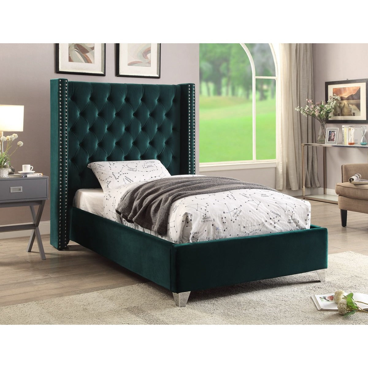 Meridian Furniture Aiden Green Velvet Twin Bed-Minimal & Modern
