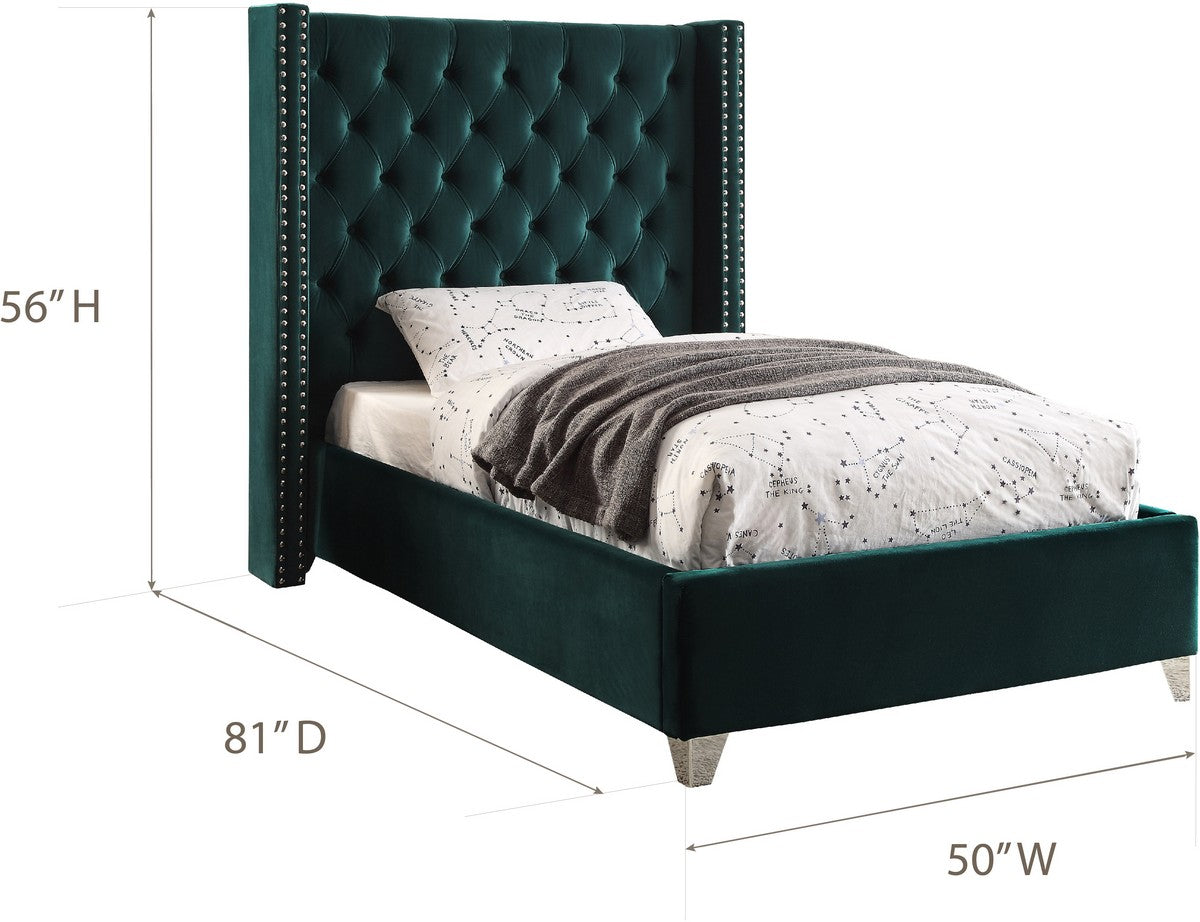 Meridian Furniture Aiden Green Velvet Twin Bed