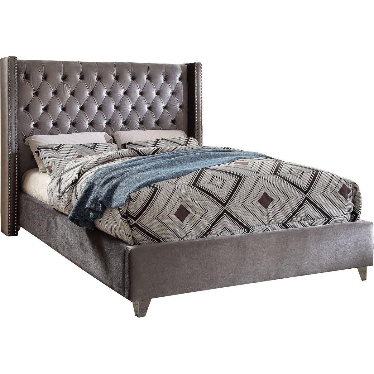 Meridian Furniture Aiden Grey Velvet Queen BedMeridian Furniture - Queen Bed - Minimal And Modern - 1