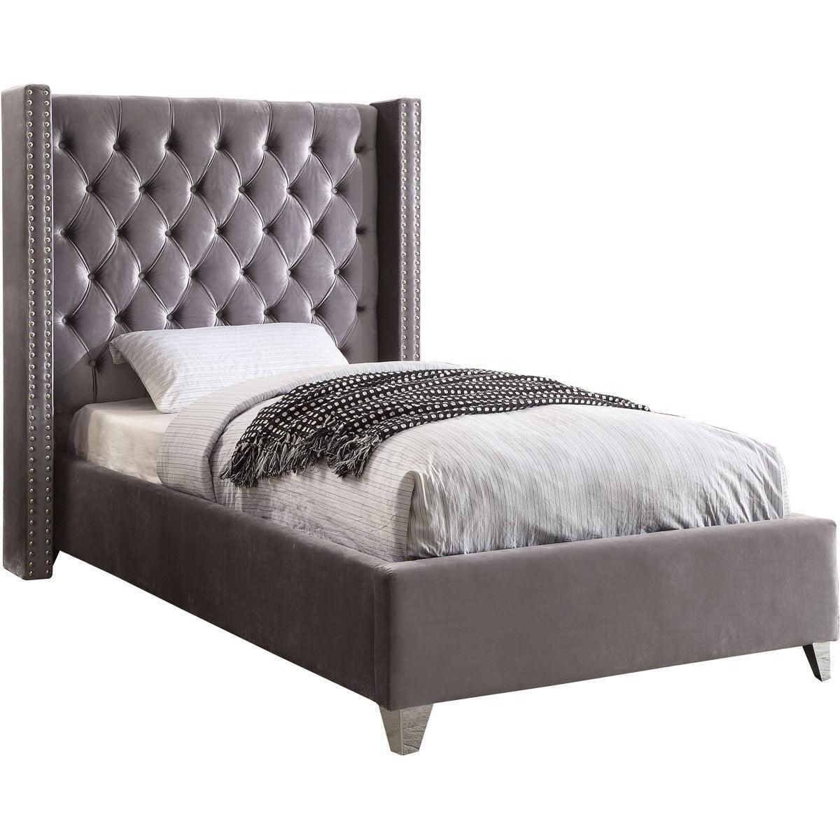 Meridian Furniture Aiden Grey Velvet Twin BedMeridian Furniture - Twin Bed - Minimal And Modern - 1