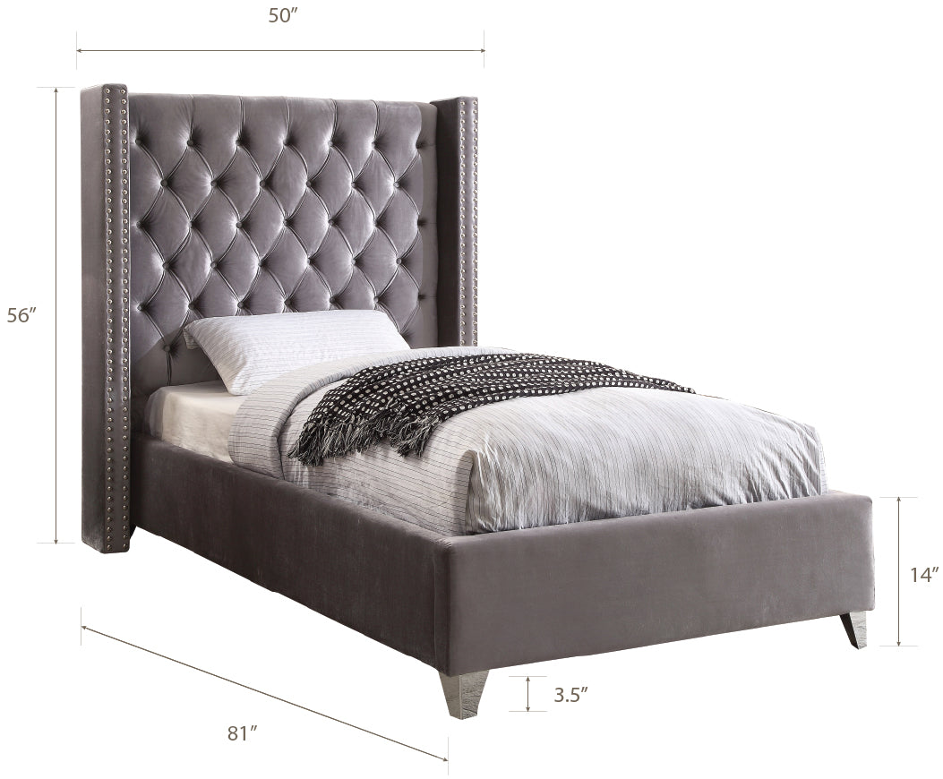 Meridian Furniture Aiden Grey Velvet Twin Bed