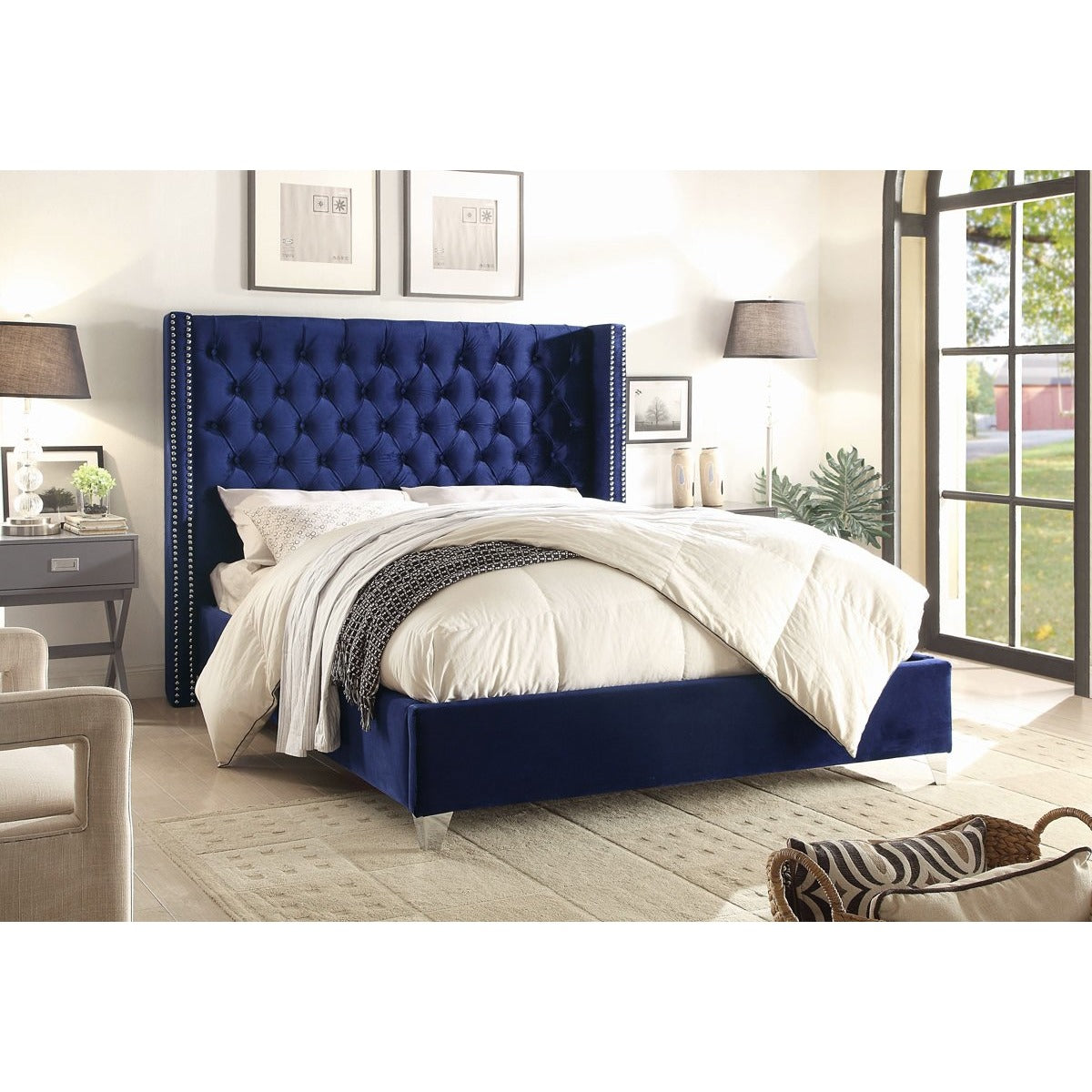 Meridian Furniture Aiden Navy Velvet Full Bed-Minimal & Modern