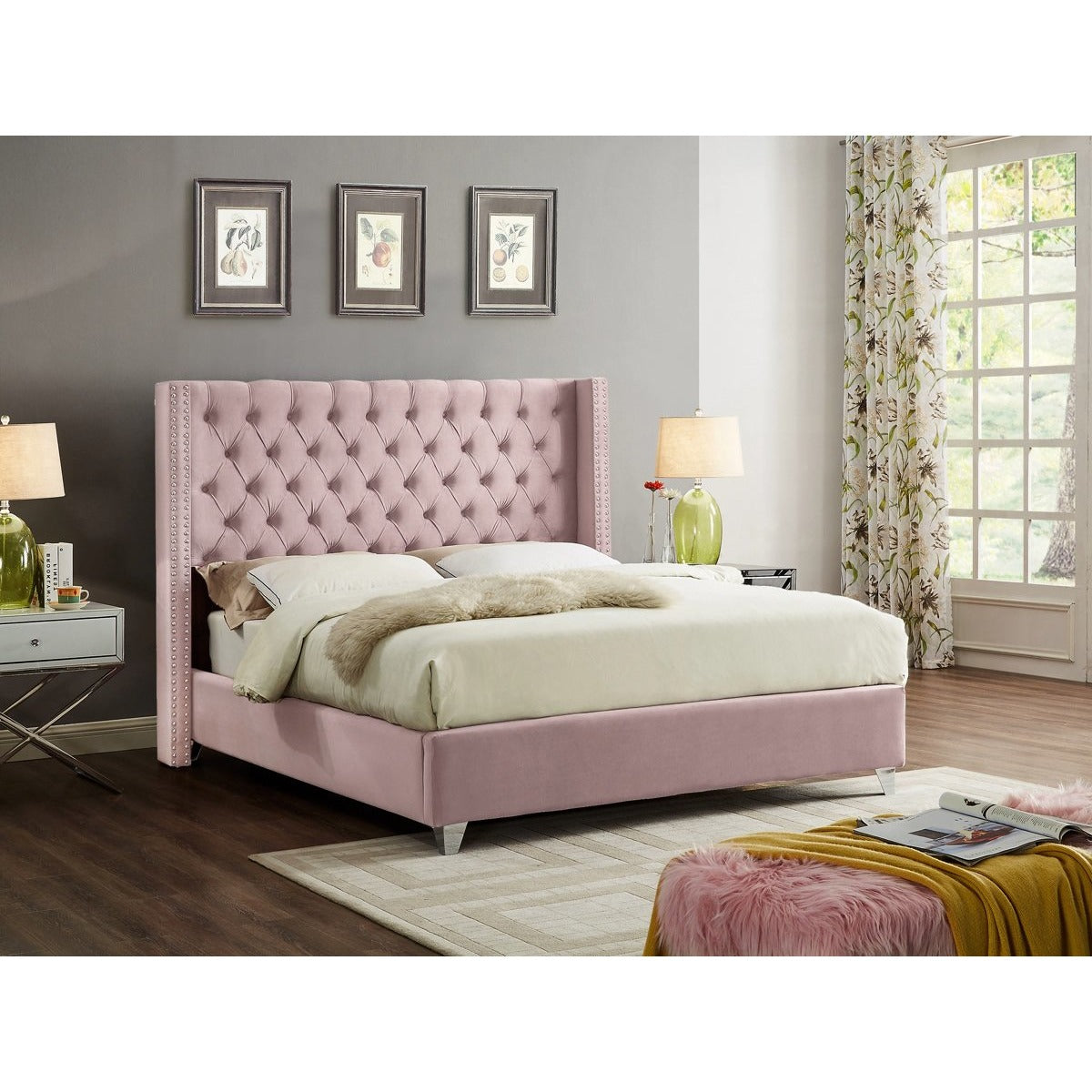 Meridian Furniture Aiden Pink Velvet Queen Bed-Minimal & Modern