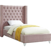 Meridian Furniture Aiden Pink Velvet Twin BedMeridian Furniture - Twin Bed - Minimal And Modern - 1